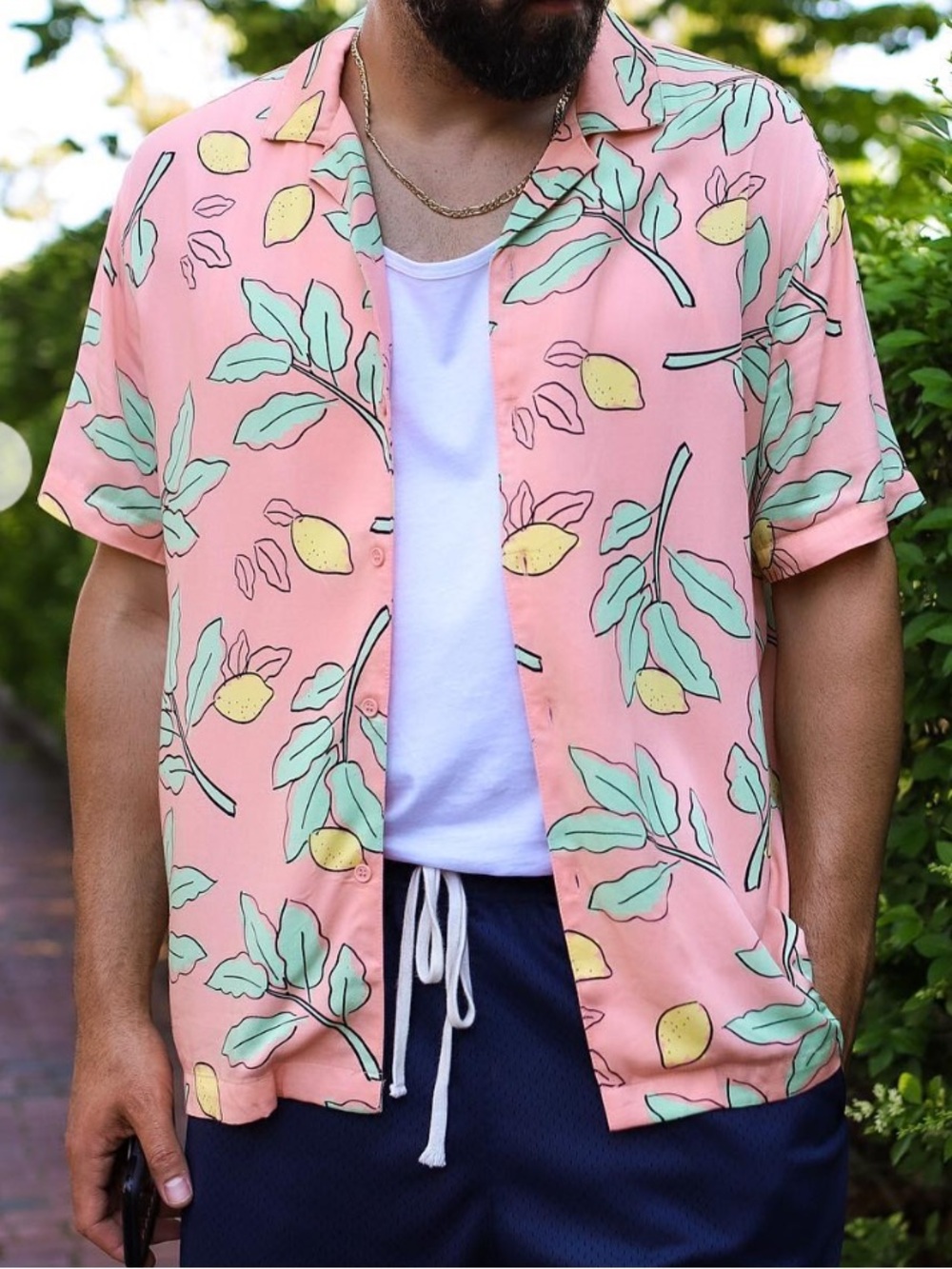 Men's Pink Tropical Print Short-Sleeve Shirt